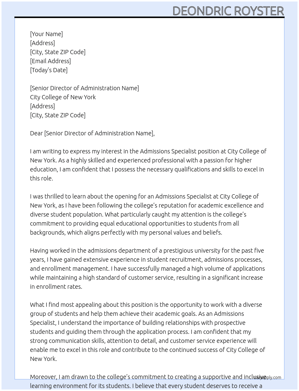 Admissions Specialist At City College of New York Cover Letter