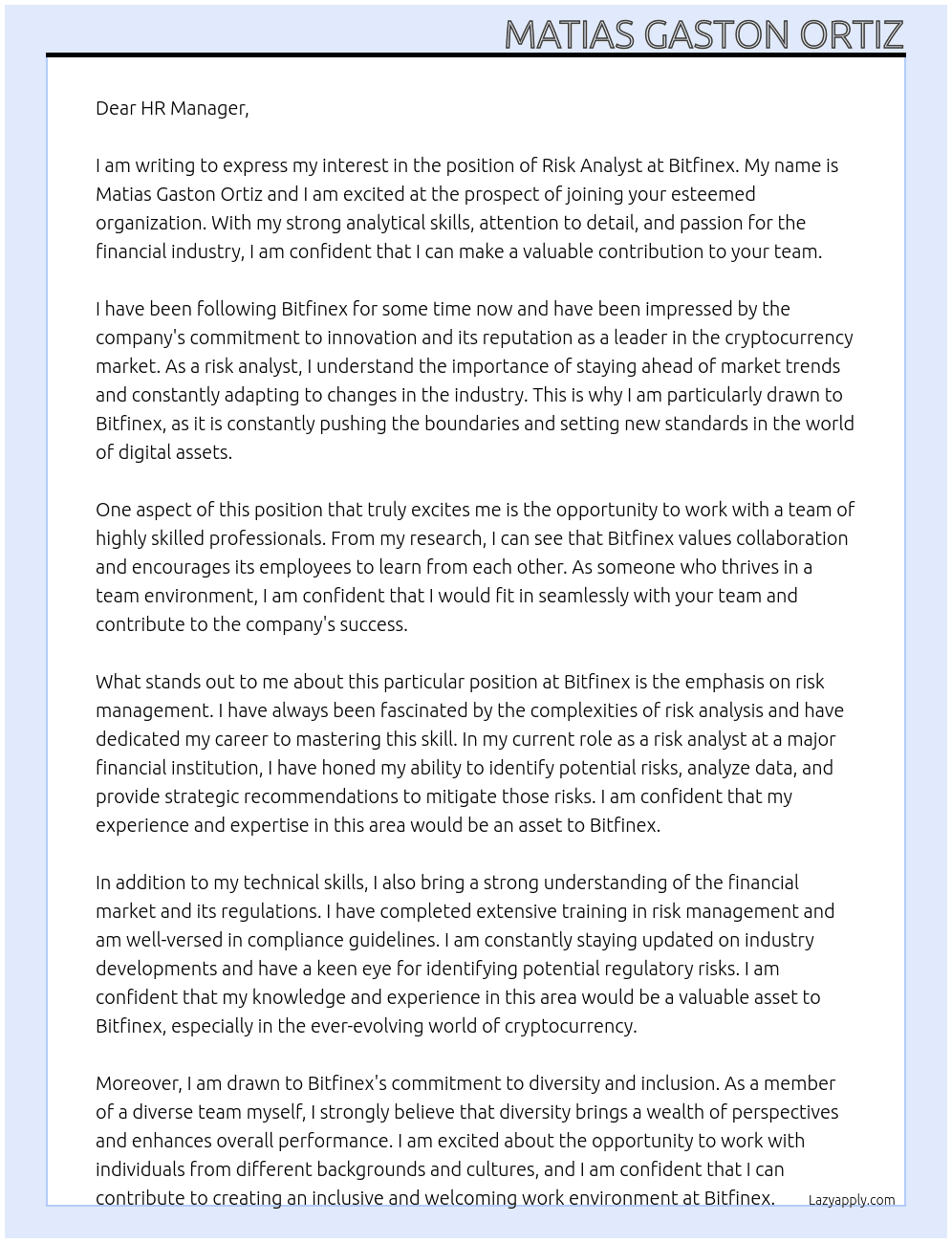 Risk Analyst At Bitfinex Cover Letter