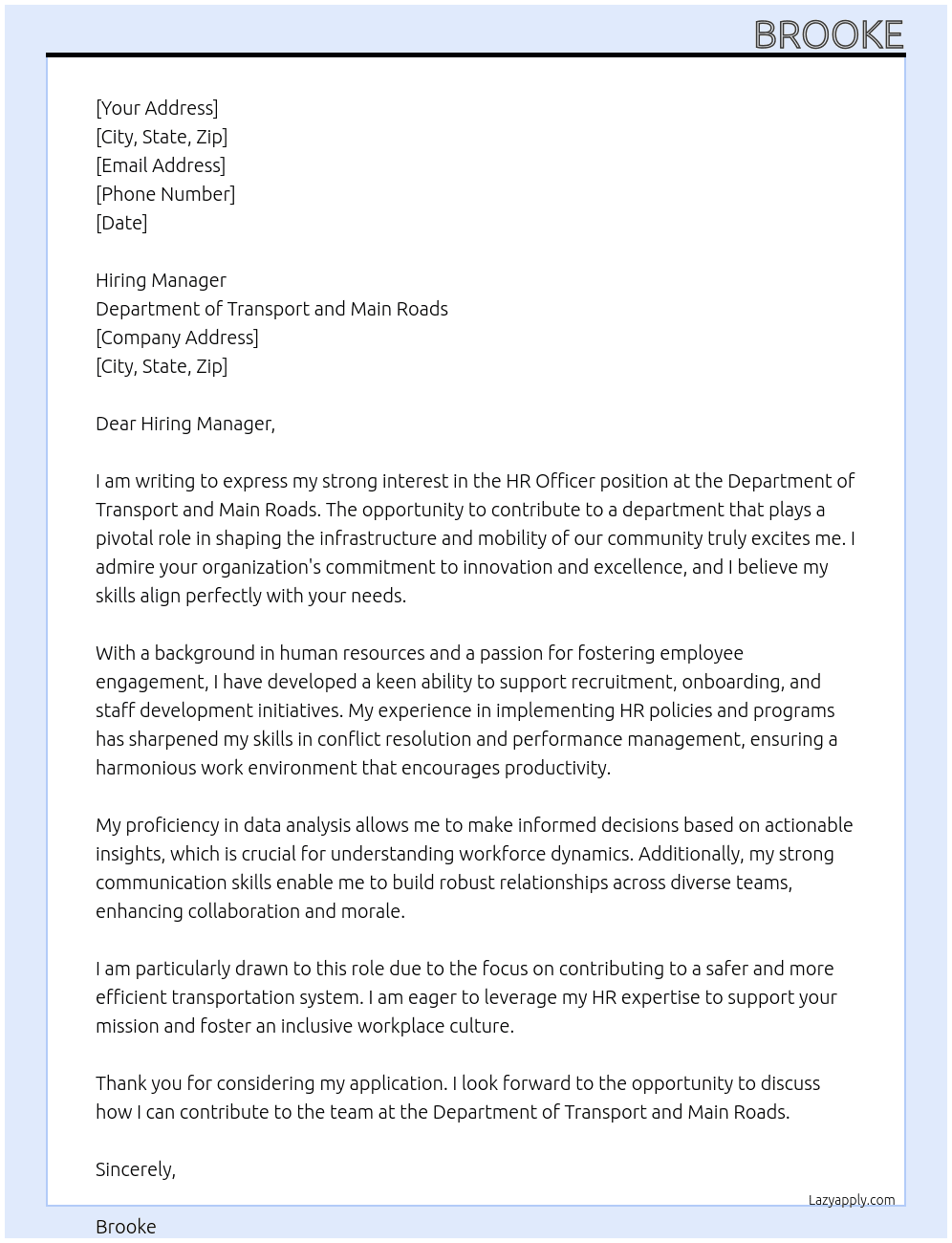 Cover letter for hr officer - LazyApply