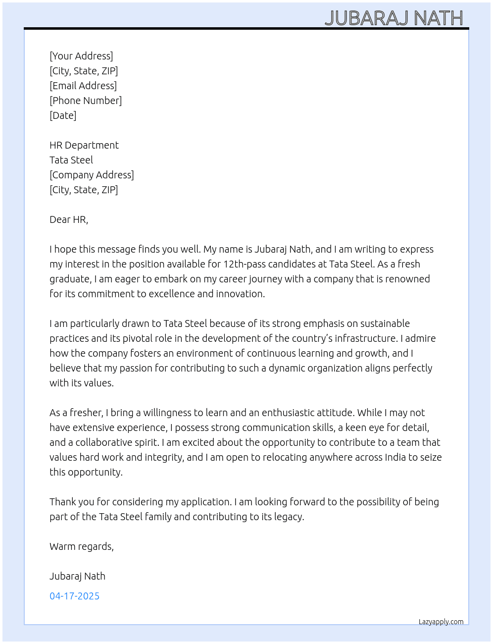 12th pass At Tata steel  Cover Letter