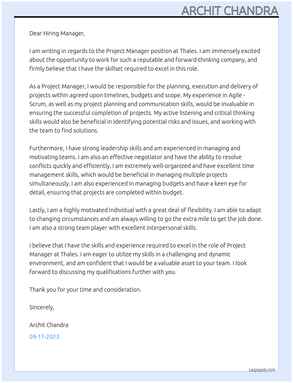 Project Manger At Thales Cover Letter
