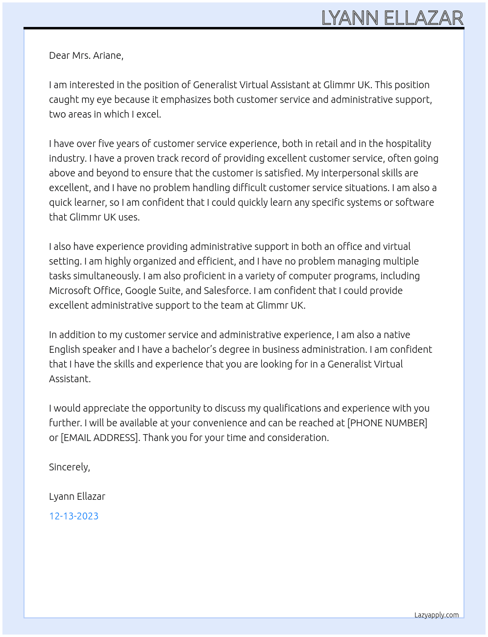 Generalist Virtual Assistant At Glimmr UK Cover Letter