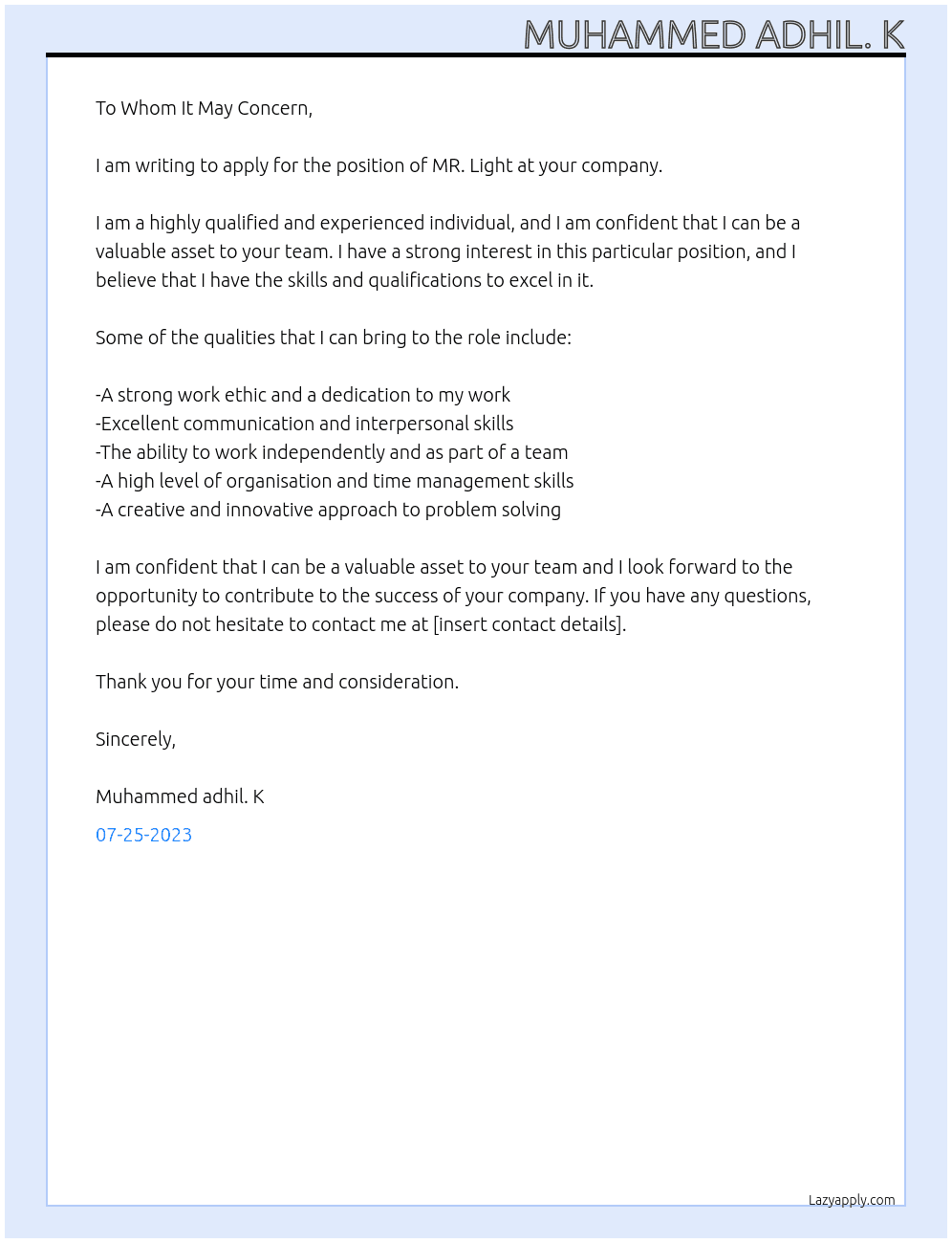 MR. Light At Mr. Light Cover Letter