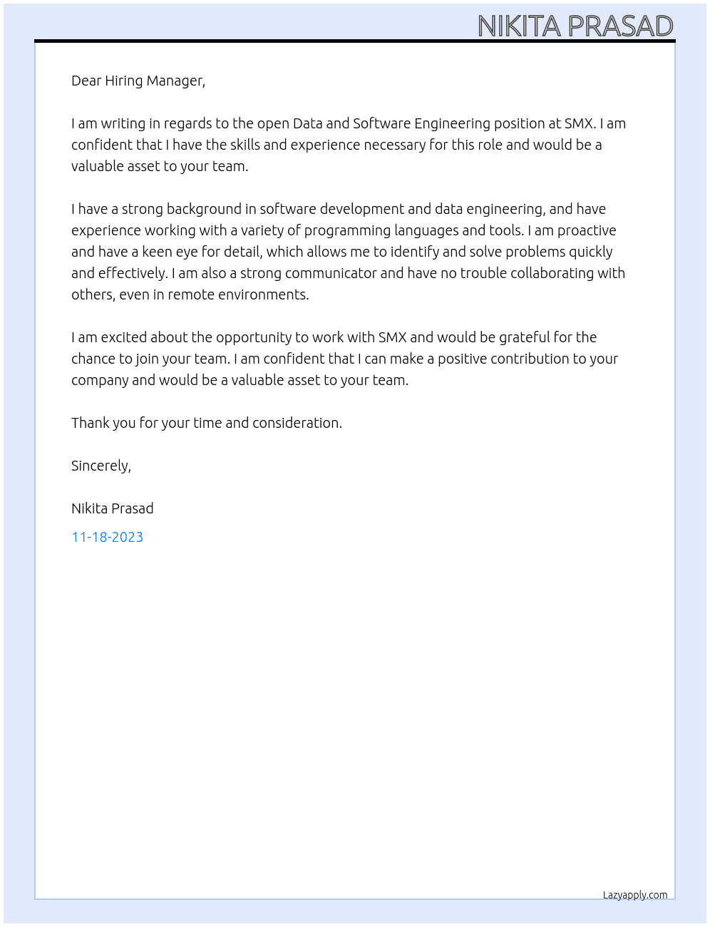 Data and Software Engineering At SMX Cover Letter