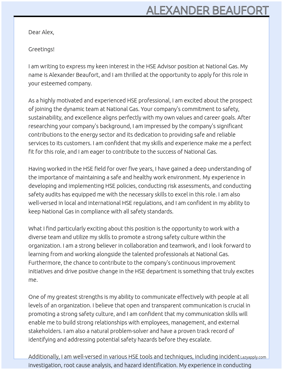 Cover letter for hse advisor - LazyApply
