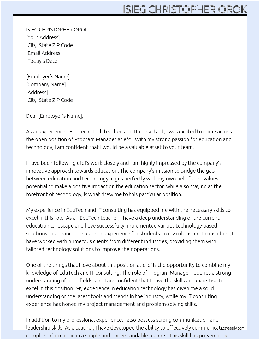 EduTech, Tech teacher and IT consultant At efdi Cover Letter