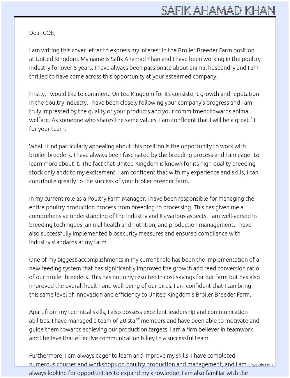 Broiler Breeder Farm At United kingdom  Cover Letter