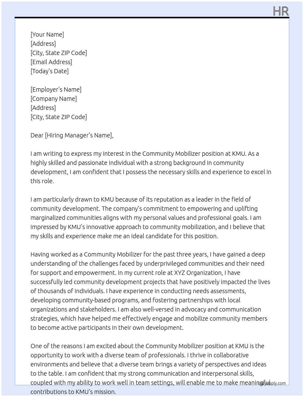 Community mobilizer  At KMU Cover Letter