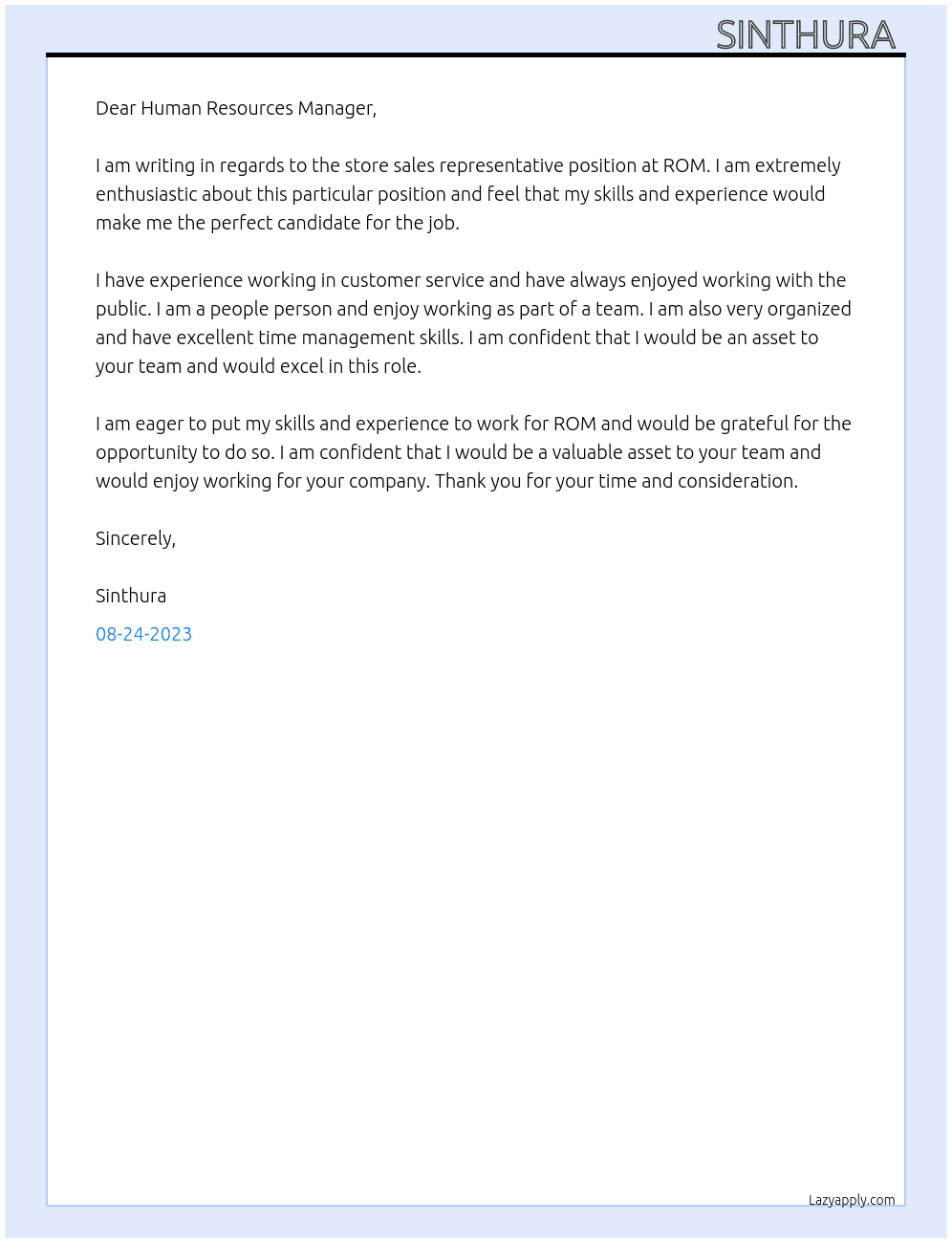 store sales representative At ROM Cover Letter