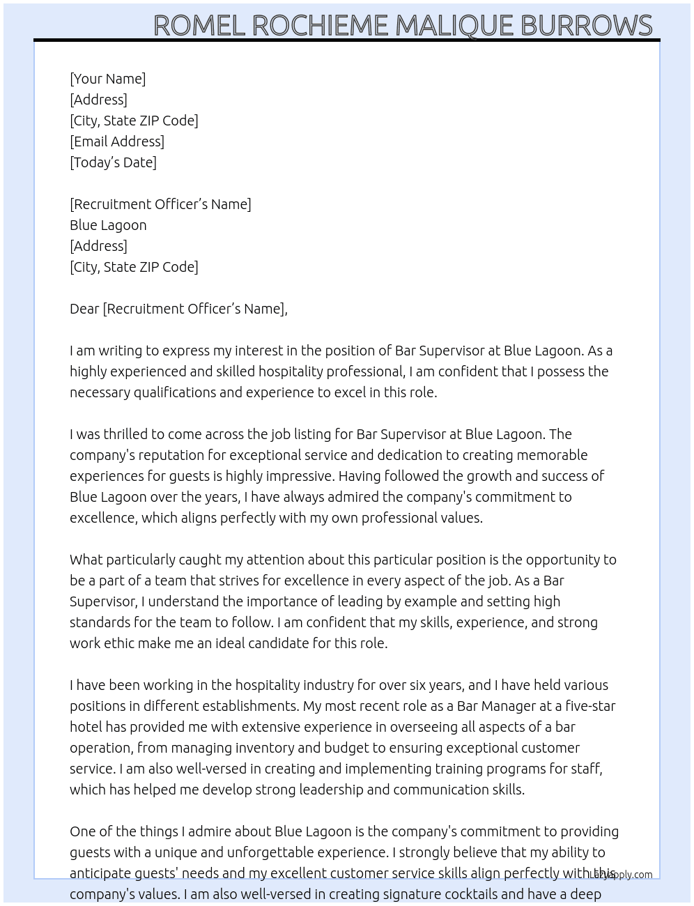 Bar Supervisor  At Blue Lagoon  Cover Letter
