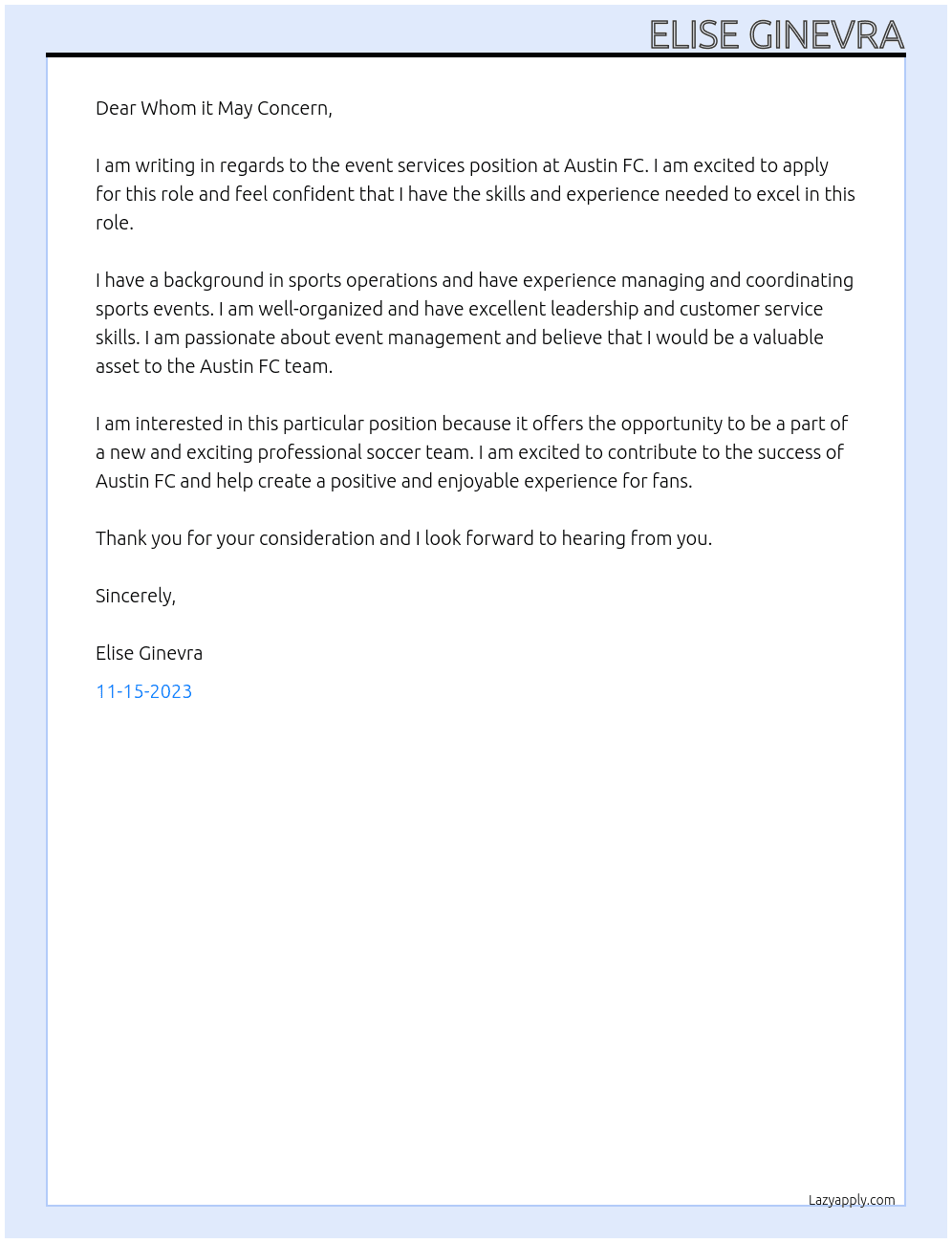 Event Services At Austin FC Cover Letter