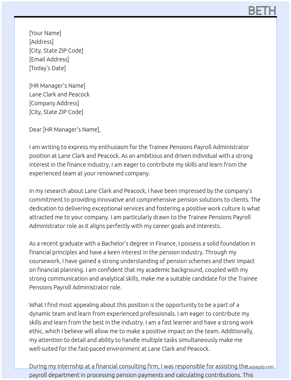 Trainee Pensions Payroll Administrator At Lane Clark and Peacock Cover Letter