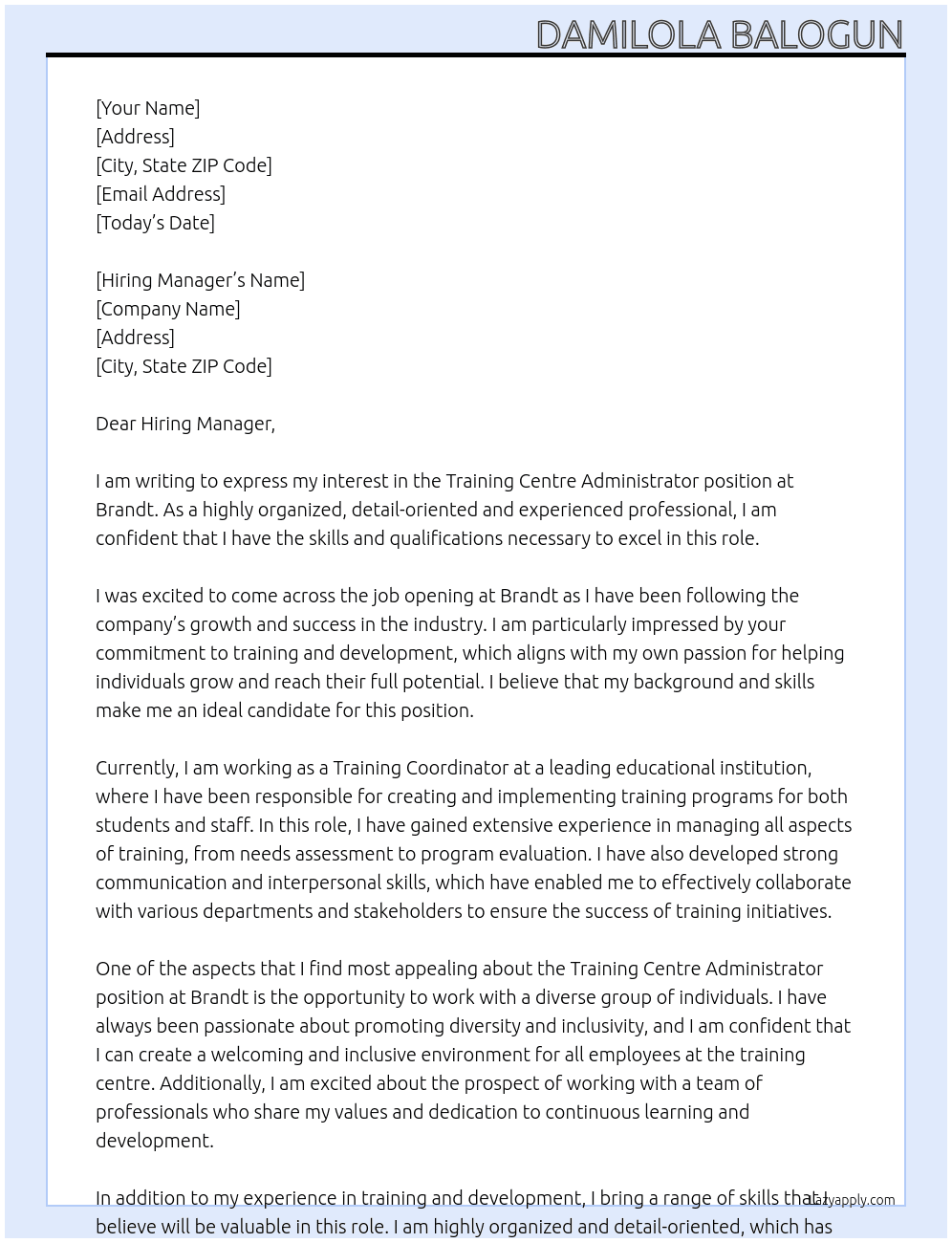 Training Centre Administrator At Brandt Cover Letter