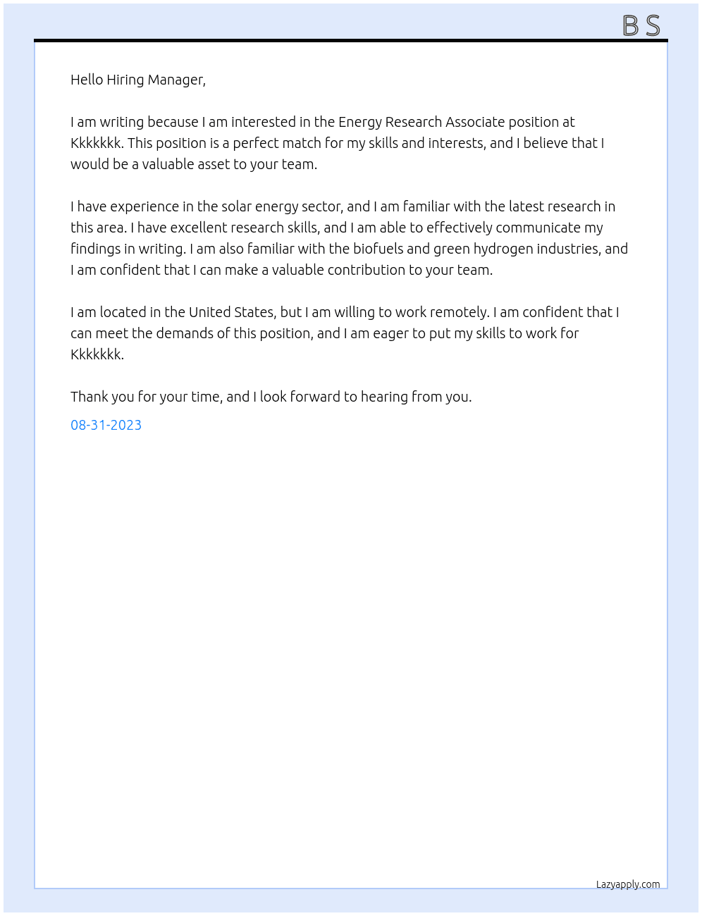 Energy Research Associate  At Kkkkkkk Cover Letter