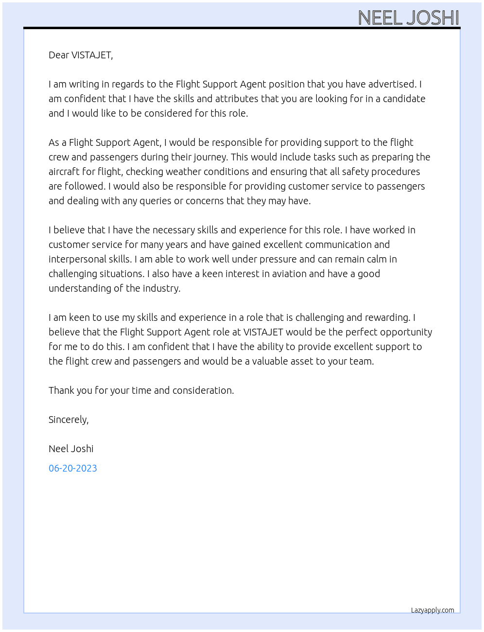 FLIGHT SUPPORT AGENT At VISTAJET Cover Letter