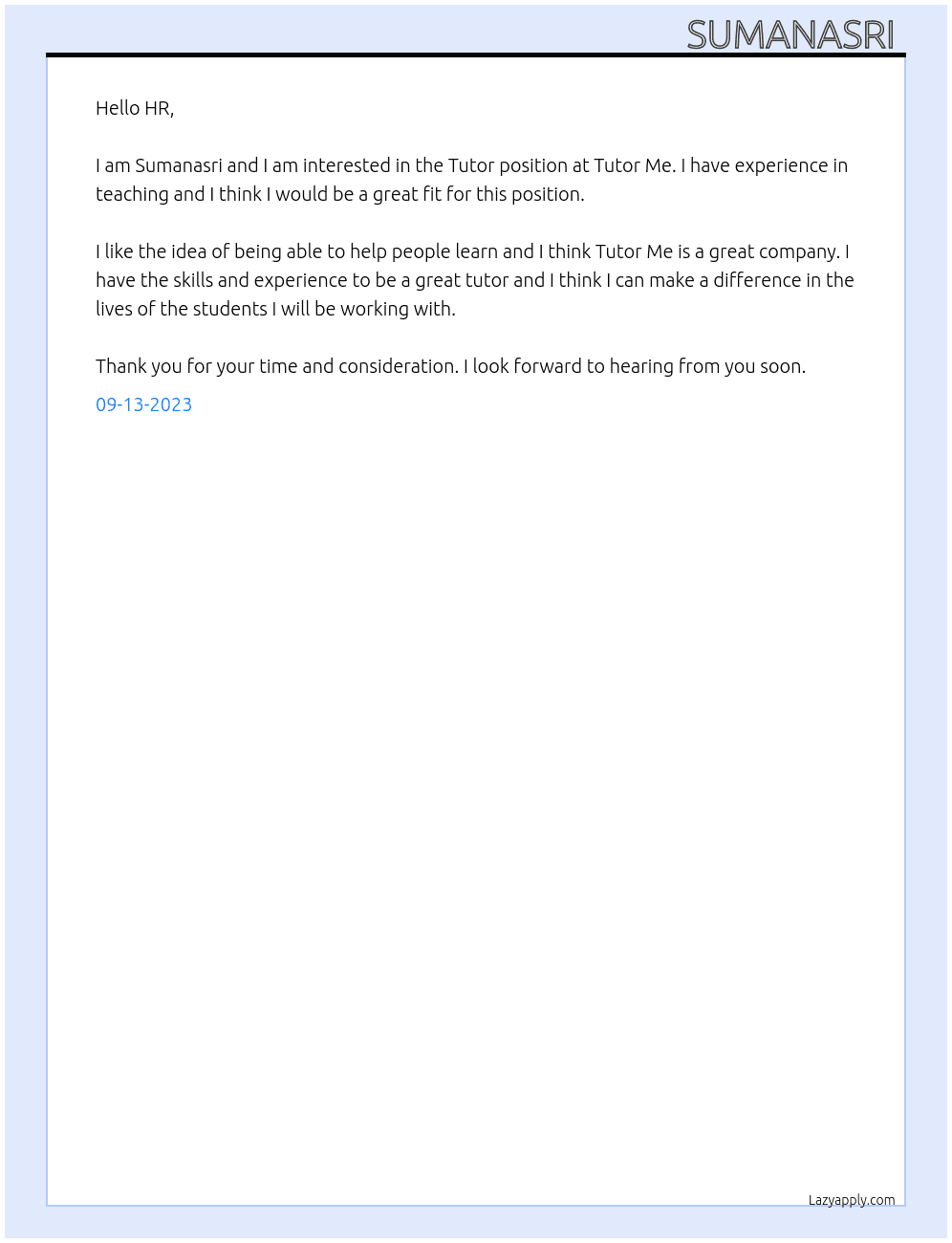 Tutor At Tutor Me Cover Letter