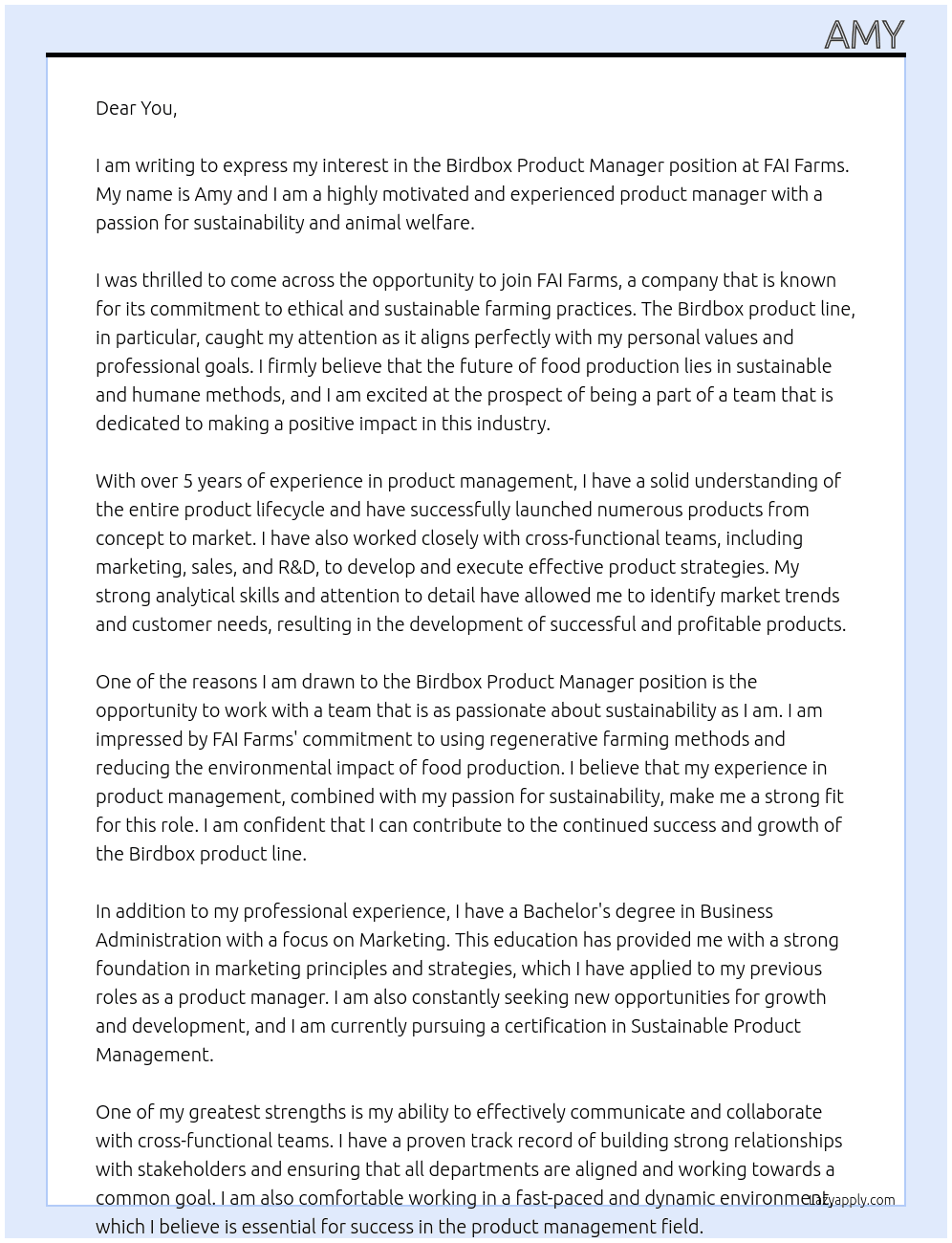 Birdbox Product Manager At FAI Farms Cover Letter