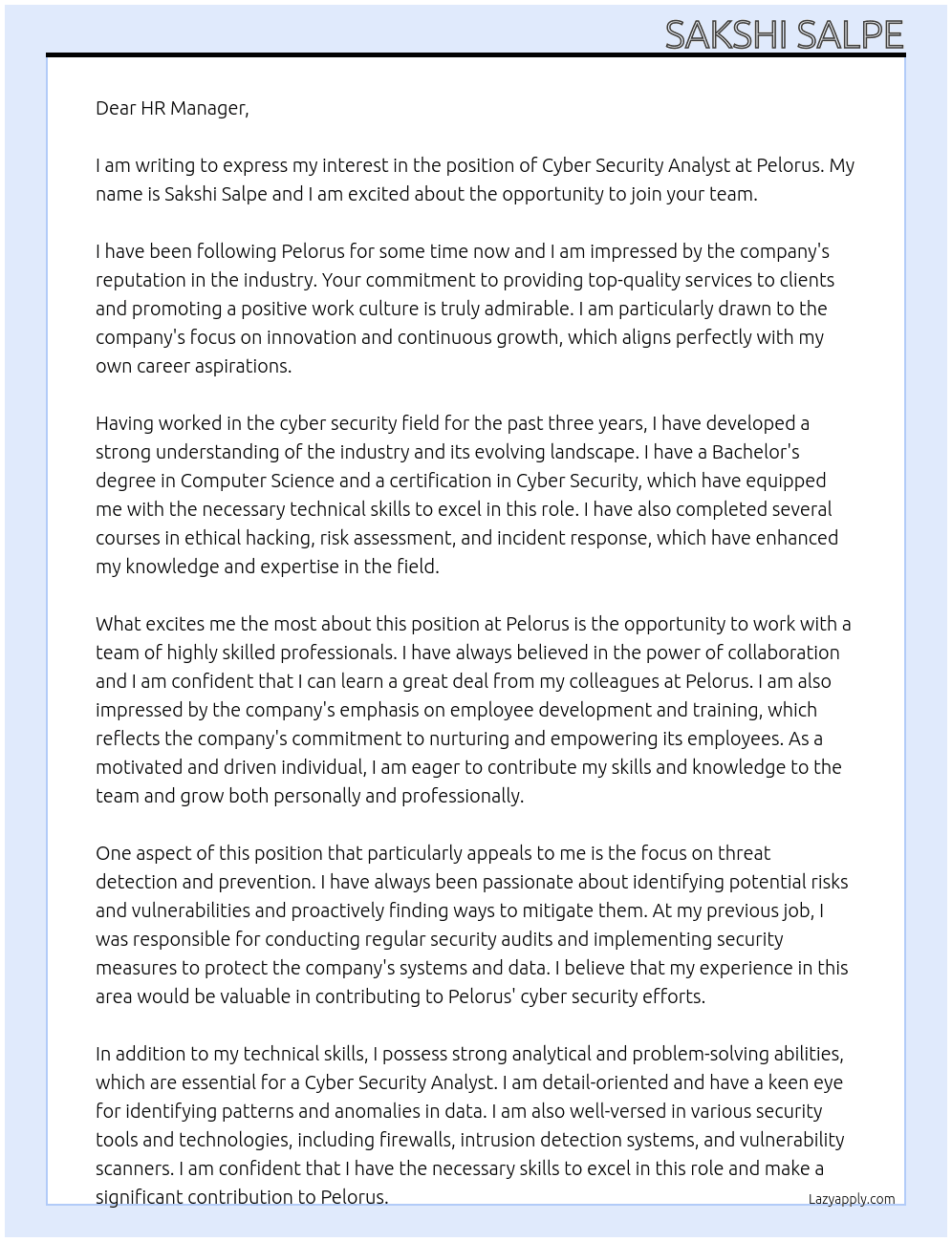 Cyber Security Analyst  At Pelorus  Cover Letter