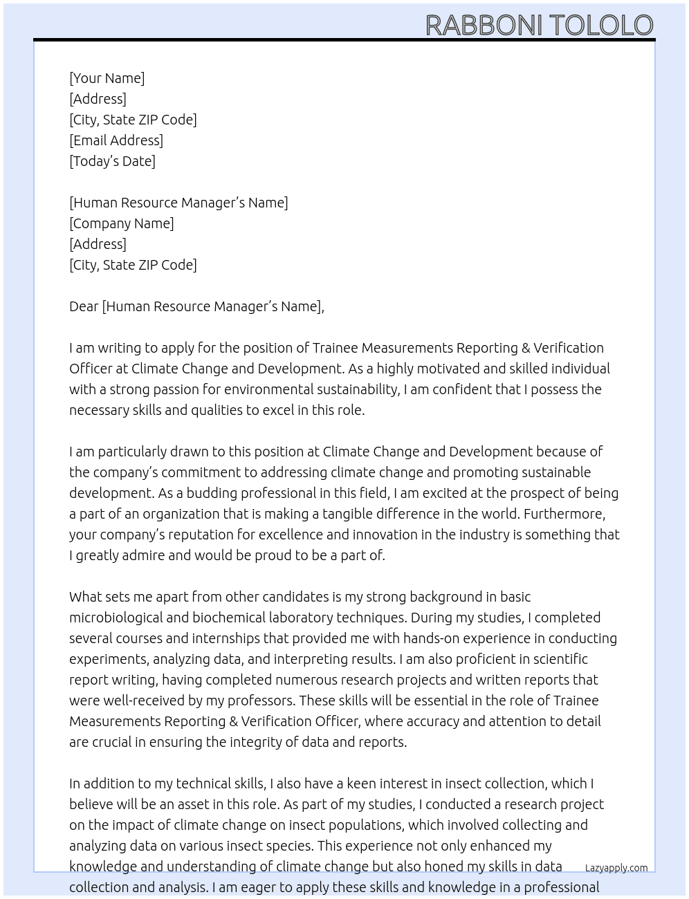Trainee Measurements Reporting & Verification Officer At Climate Change and Development Cover Letter