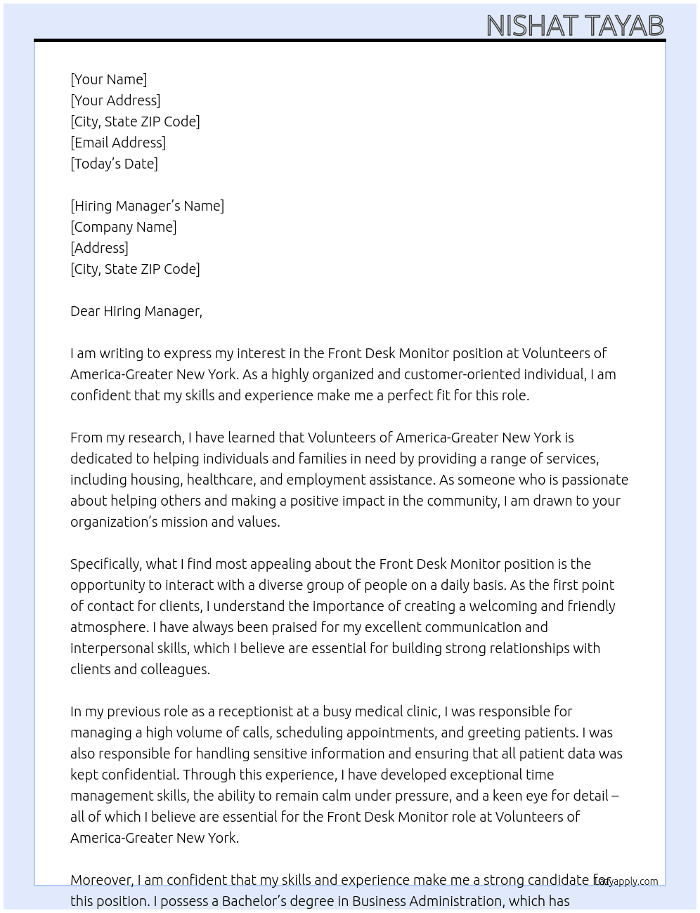 Front Desk Moniter At Volunteers of America-Greater New York Cover Letter