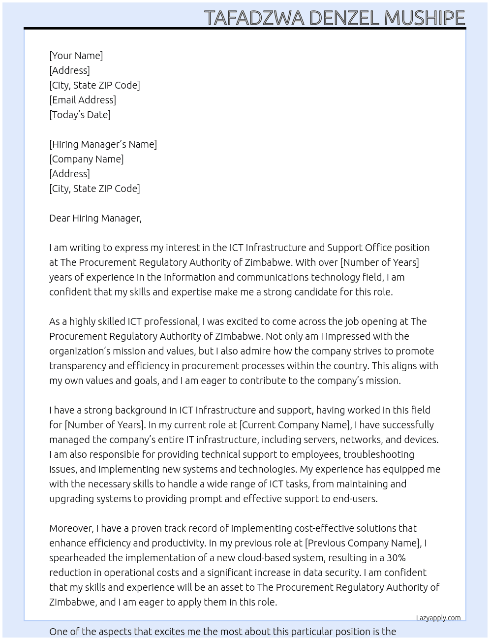 ICT Infrastructure and Support Office At The Procurement Regulatory Authority of Zimbabwe Cover Letter