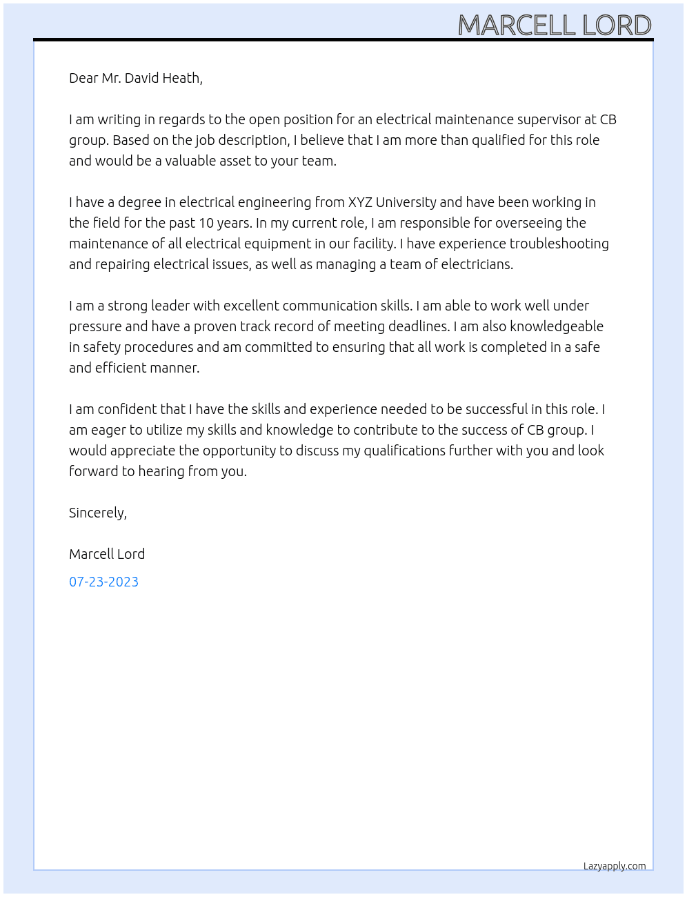 Electrical maintenance supervisor At CB group Cover Letter