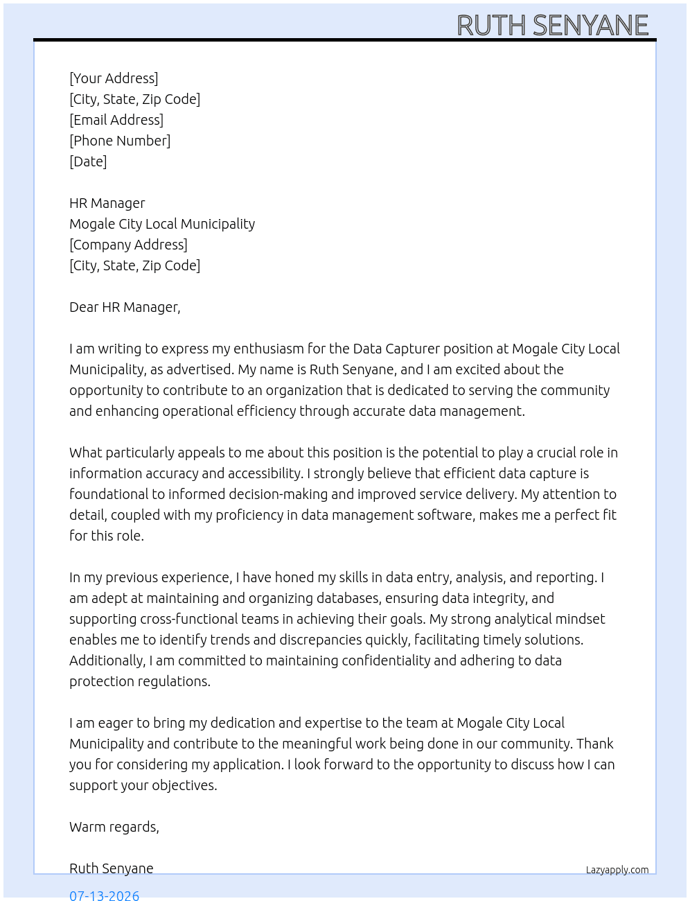 Data capturer At Mogale city local municipality  Cover Letter