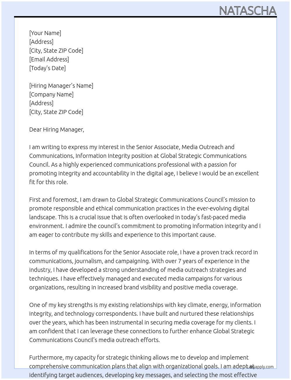 Senior Associate, Media Outreach and Communications, Information Integrity At Global Strategic Communications Council Cover Letter