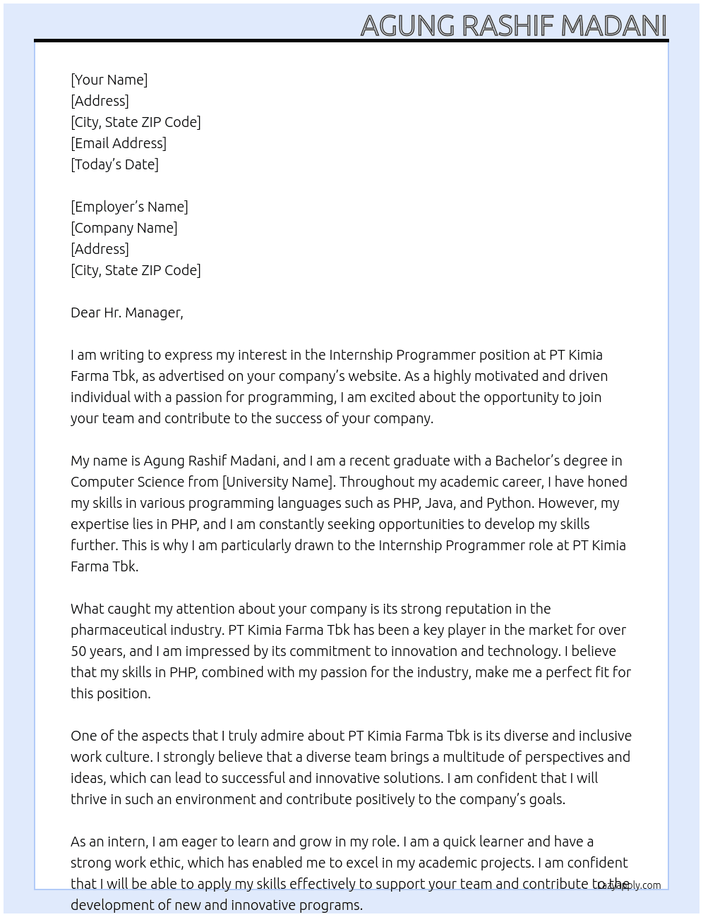 Intership Programmer At PT Kimia Farma Tbk Cover Letter