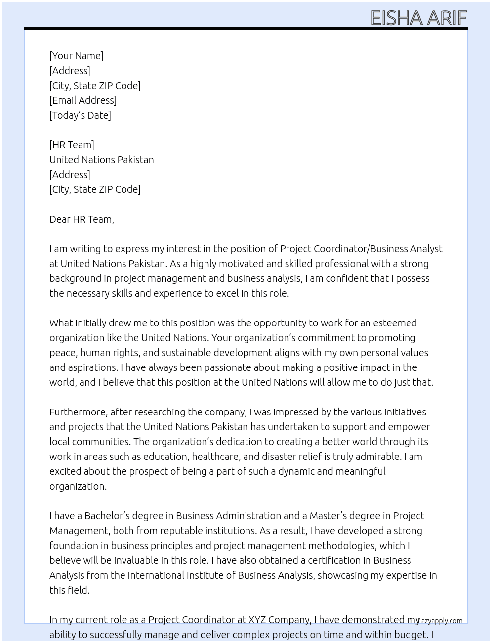 Project Coordinator/Business Analyst  At United Nations Pakistan Cover Letter