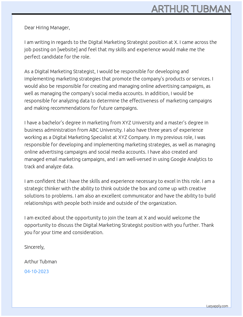 Digital Marketing Strategist At X Cover Letter
