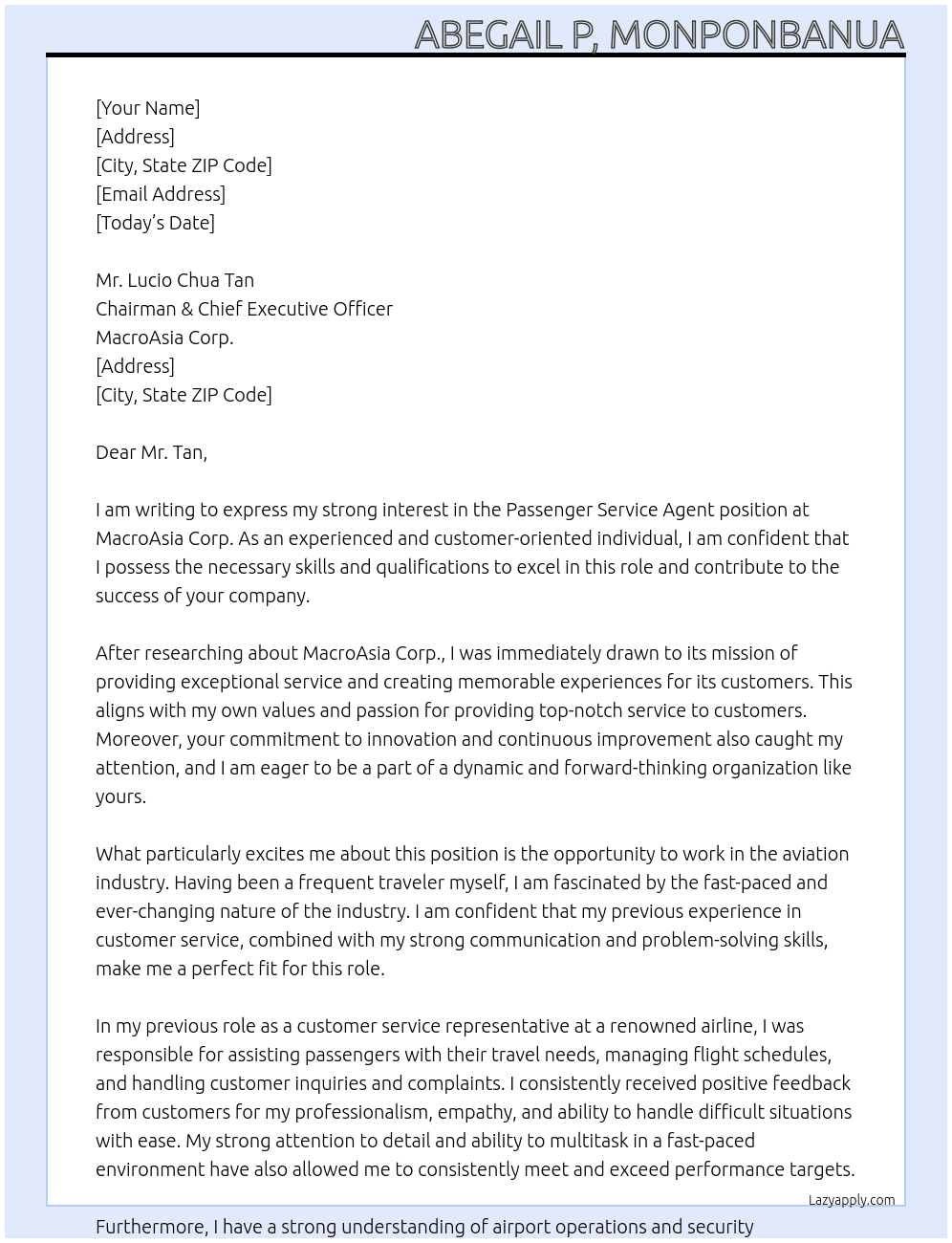 Passenger Service Agent At MacroAsia Corp.  Cover Letter