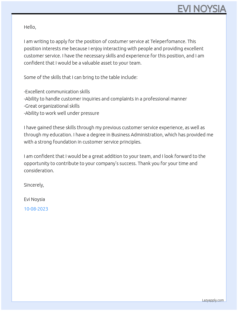 costumer service At TELEPERFOMANCE Cover Letter