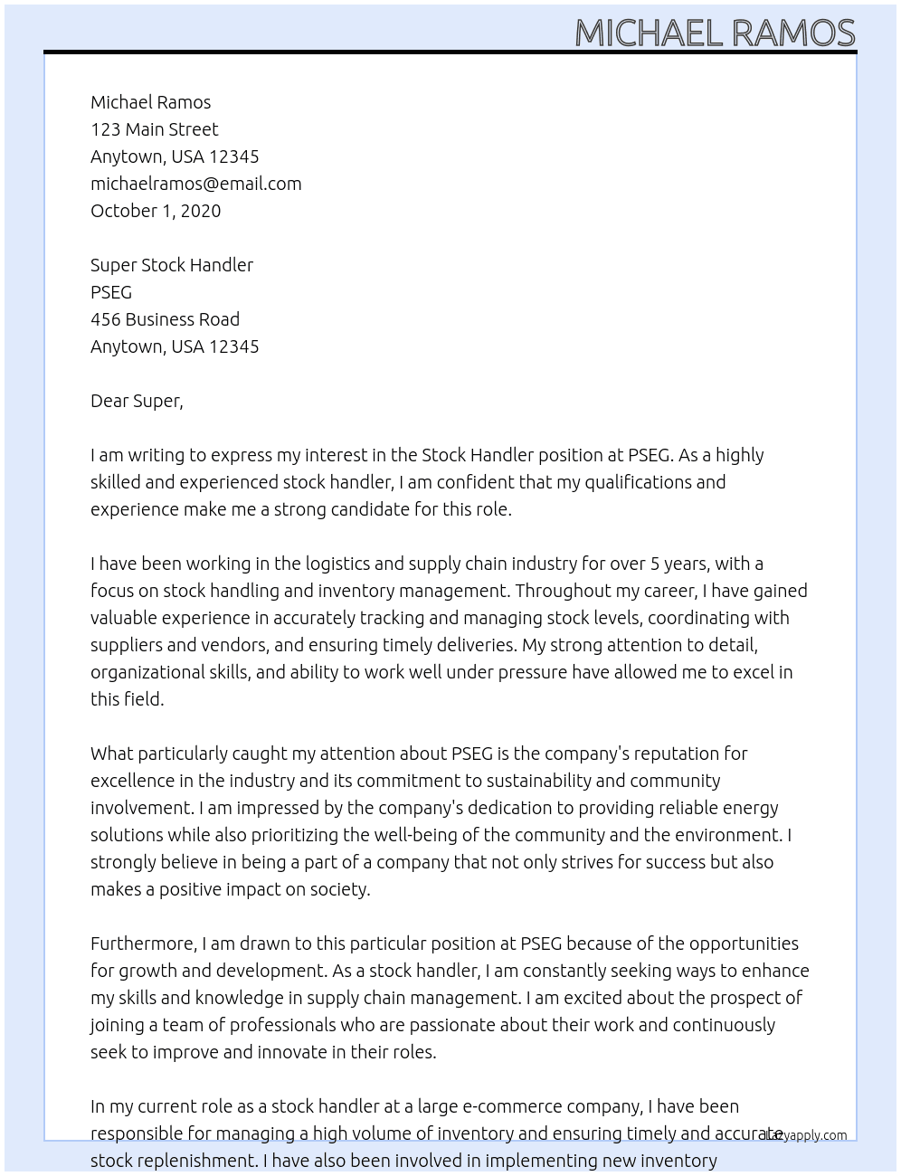 stock handler At PSEG Cover Letter