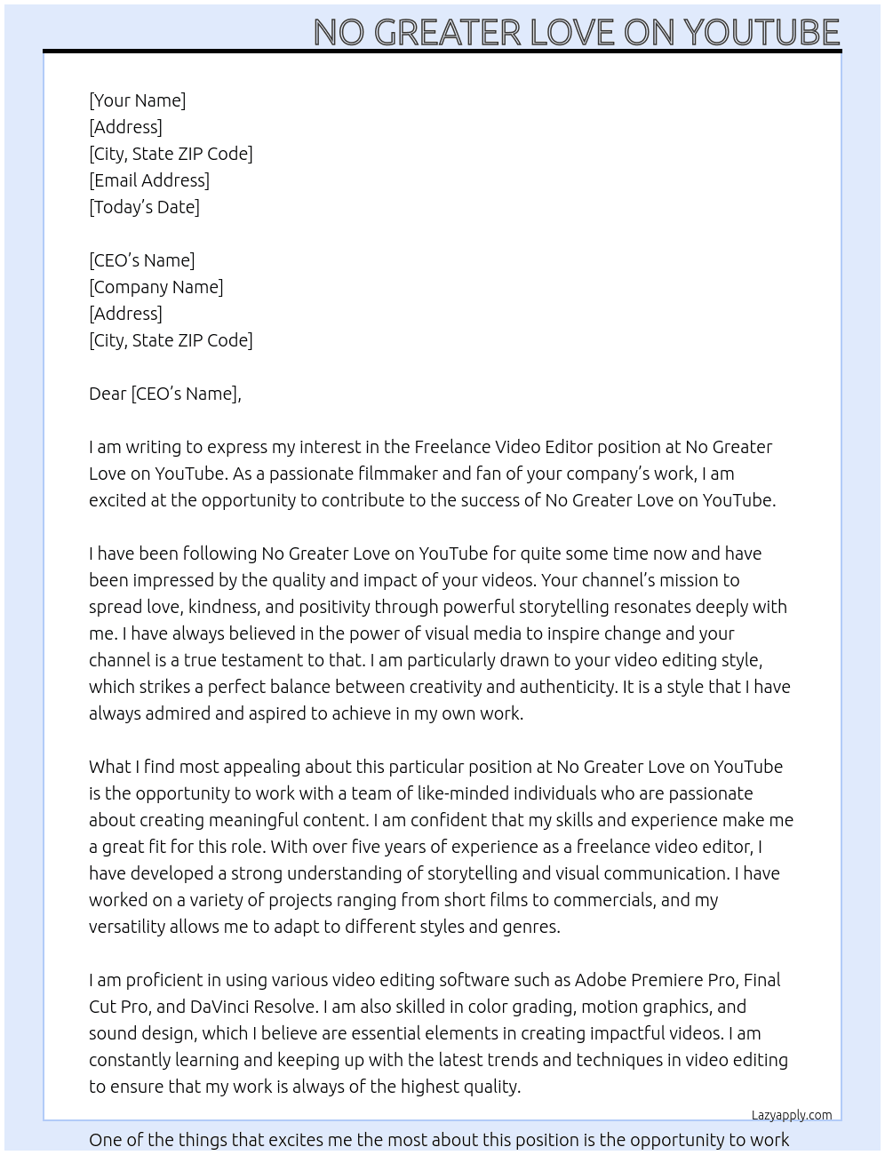 Freelance Video Editor At No Greater Love on YouTube Cover Letter