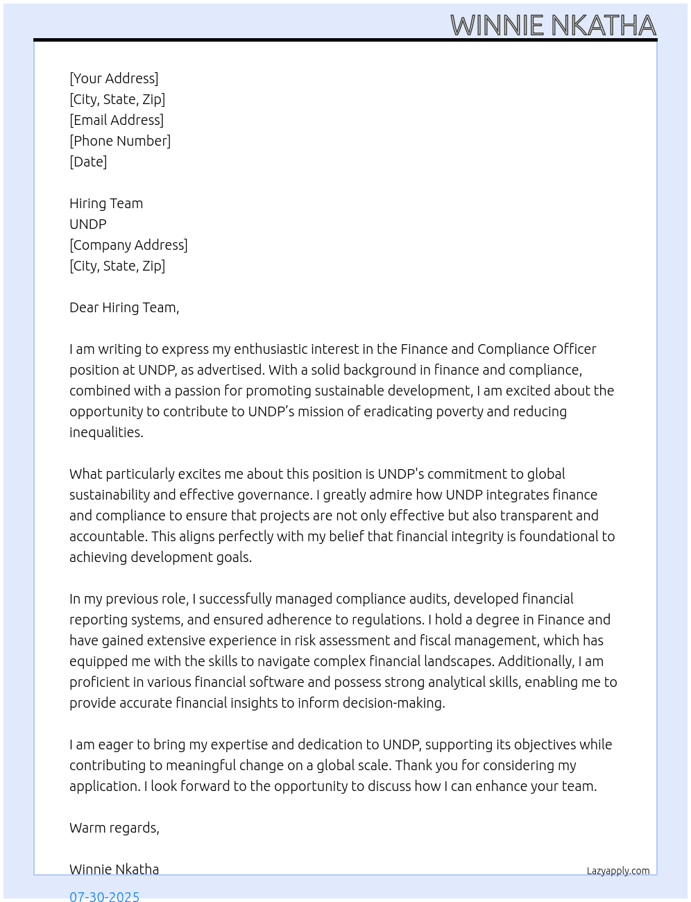 Finance and Compliance Officer  At UNDP  Cover Letter