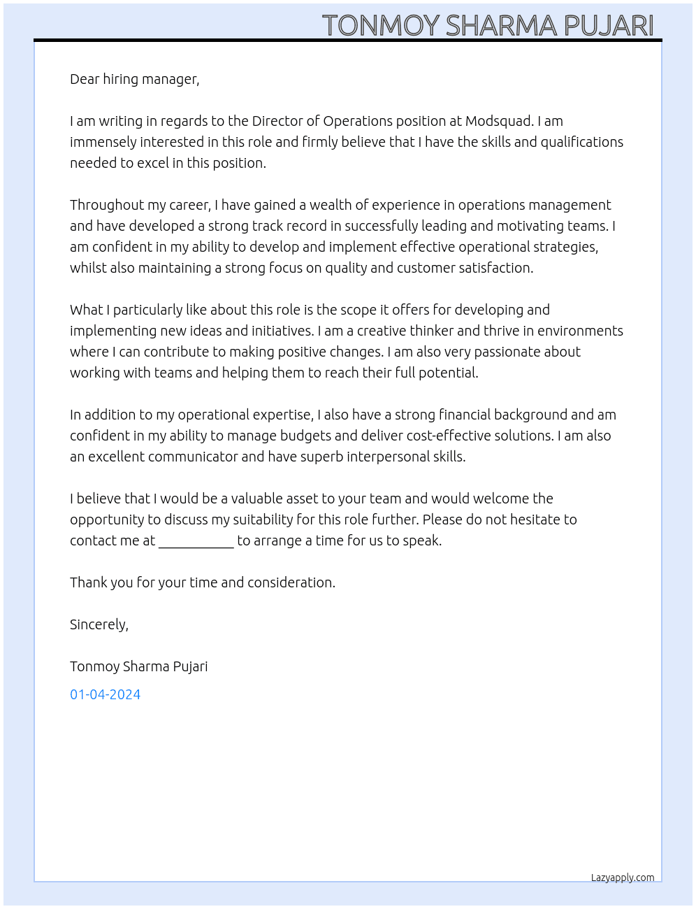 Director of operations  At Modsquad Cover Letter