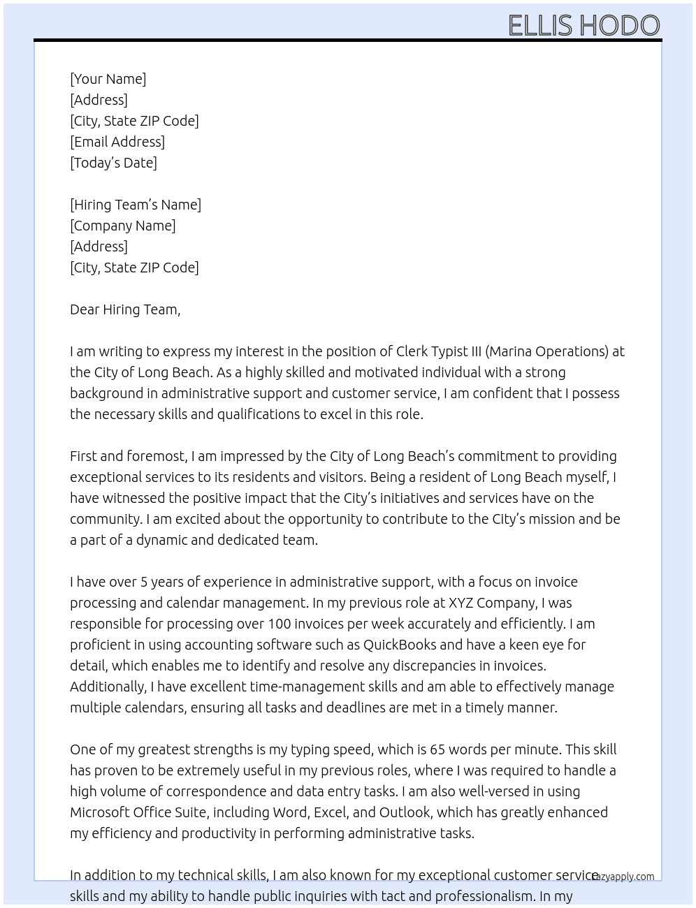 Clerk Typist III (Marina Operations) At City of Long Beach Cover Letter
