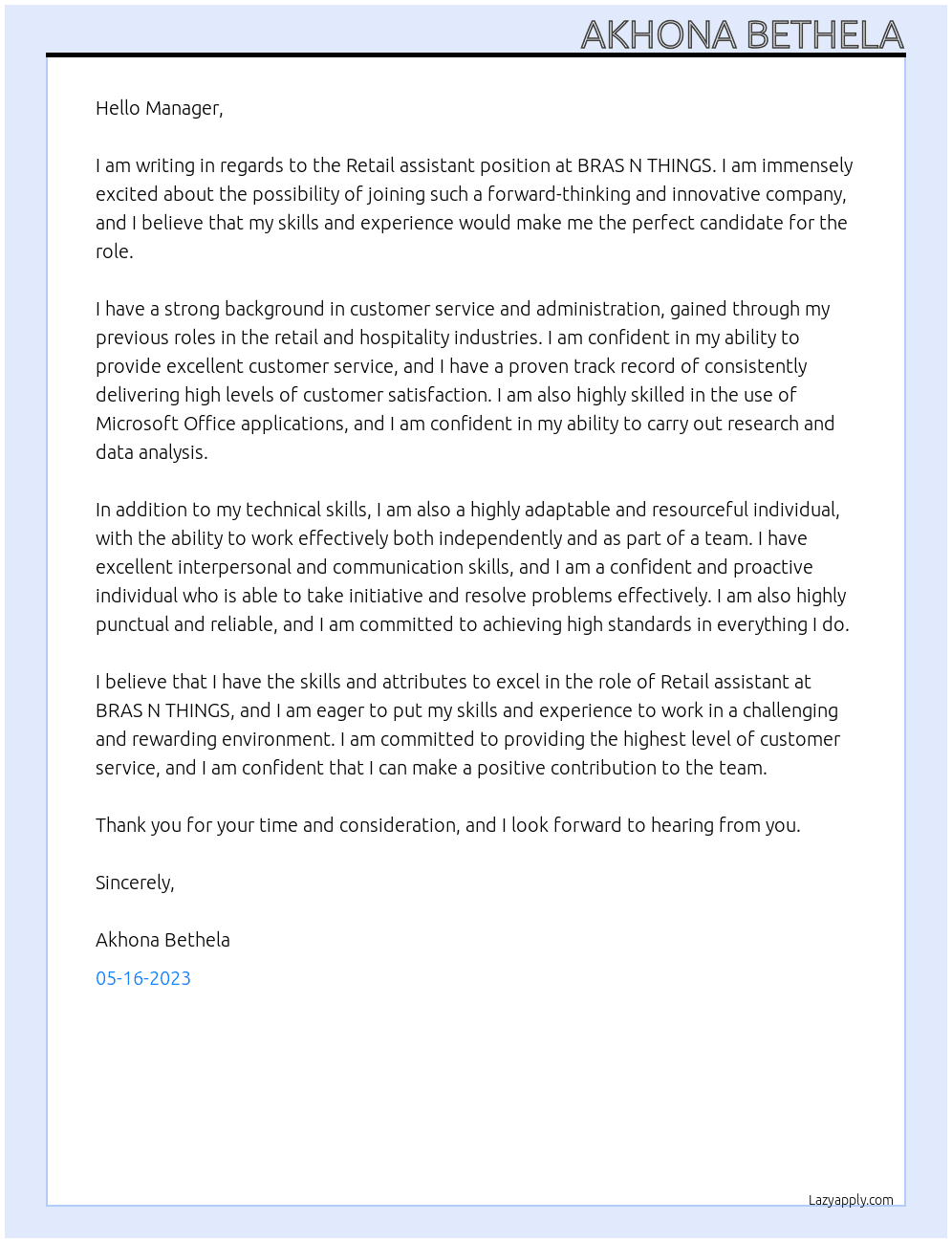 Retail assistant At BRAS N THINGS  Cover Letter