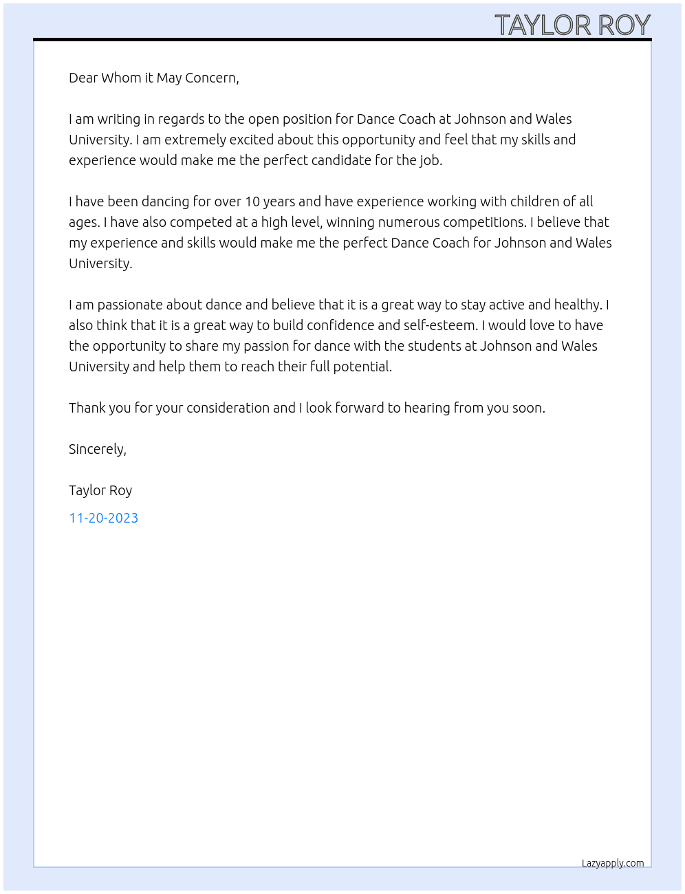 Dance Coach At Johnson and Wales University  Cover Letter