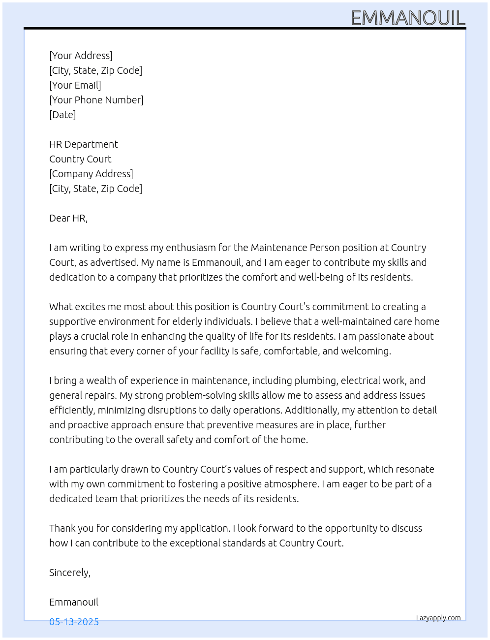 Maintance person Care home At Country Court Cover Letter