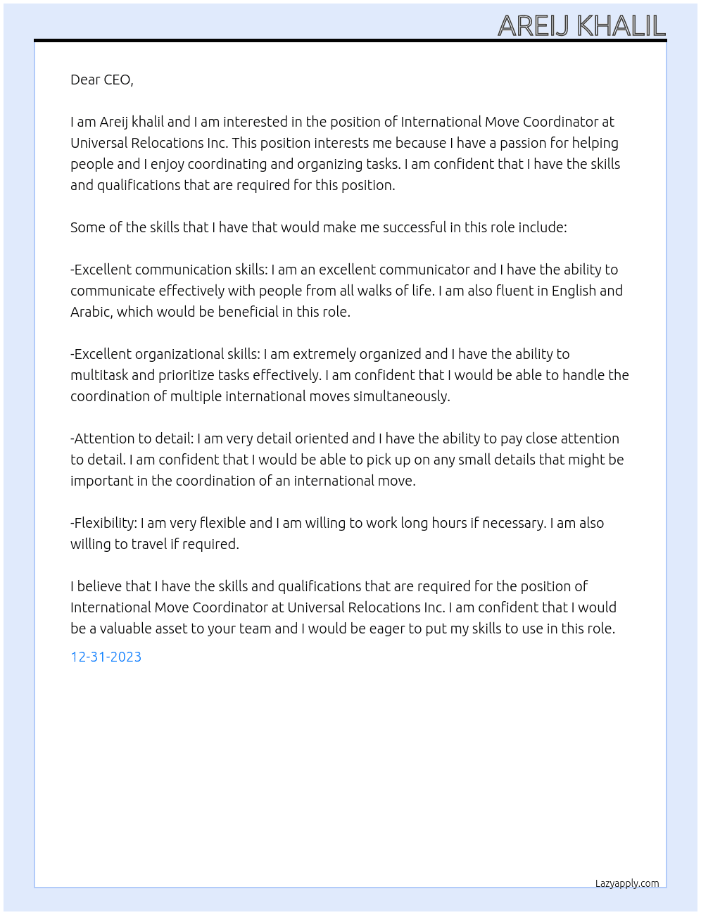 International move coordinator  At Universal relocations inc Cover Letter