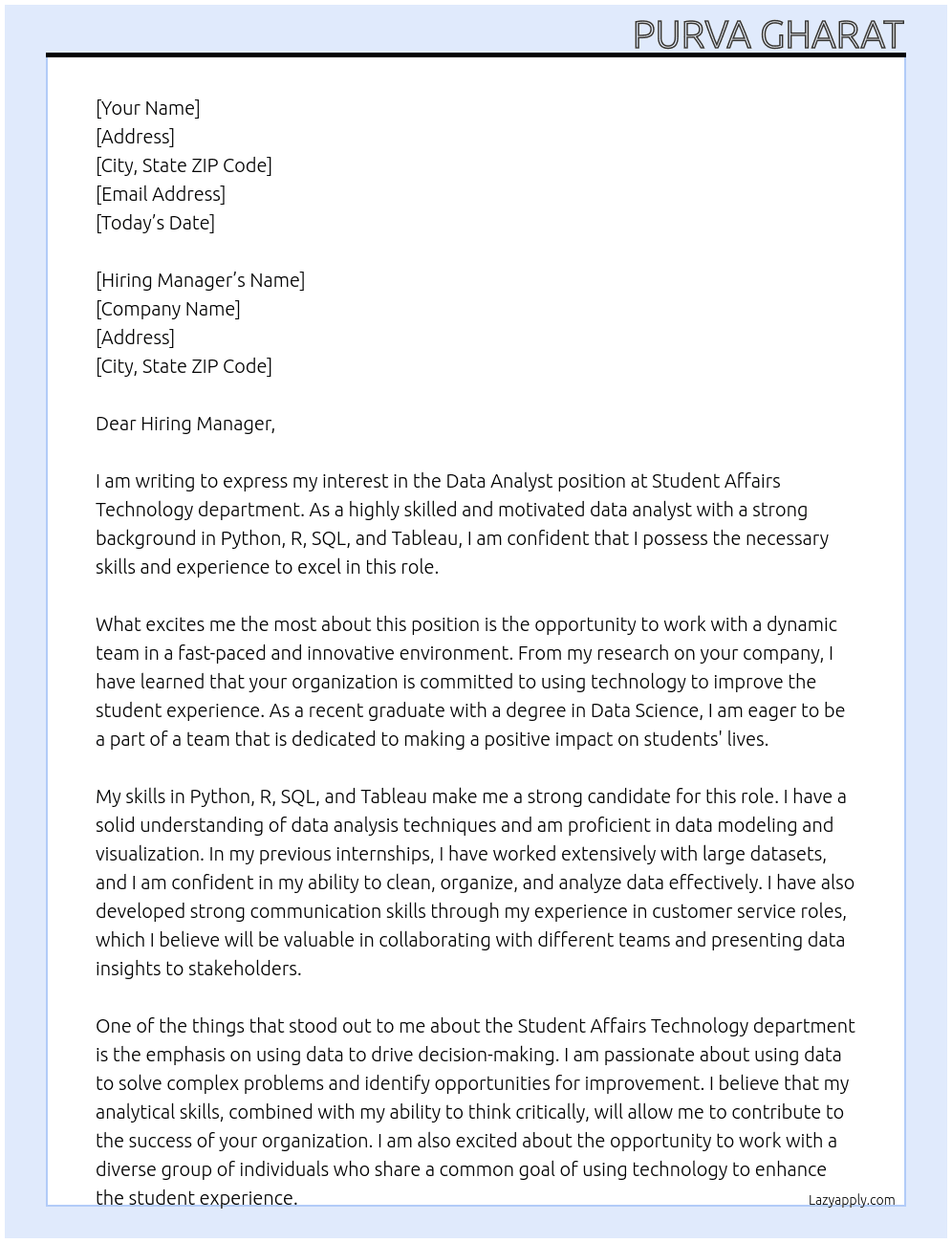 Data Analyst At Student Affairs Technology department Cover Letter