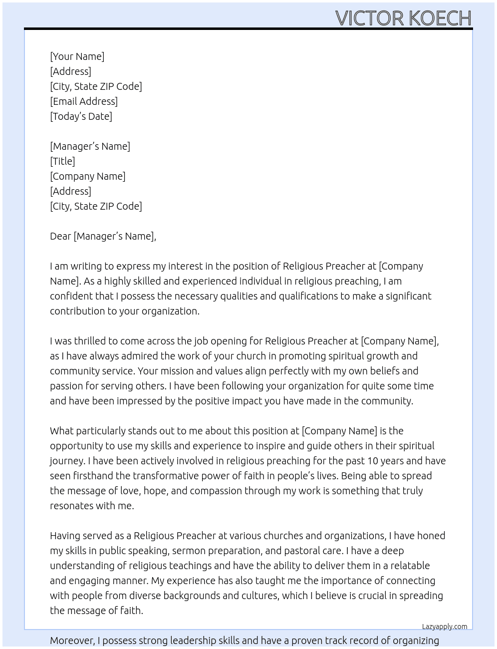RELIGIOUS PREACHER At CHURCH Cover Letter