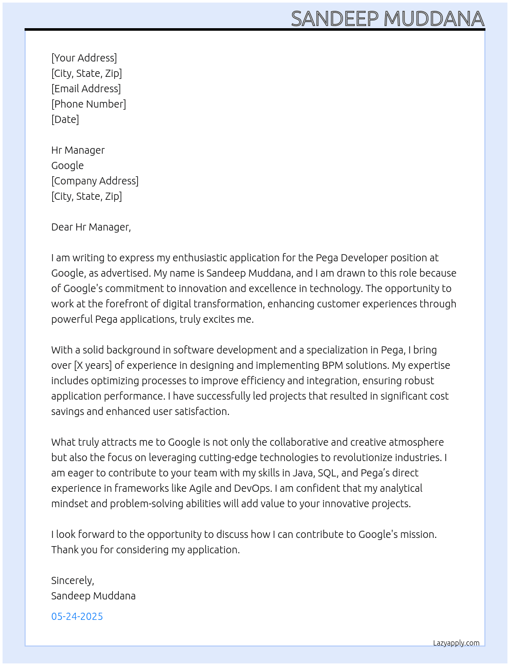 Cover letter for pega developer - LazyApply