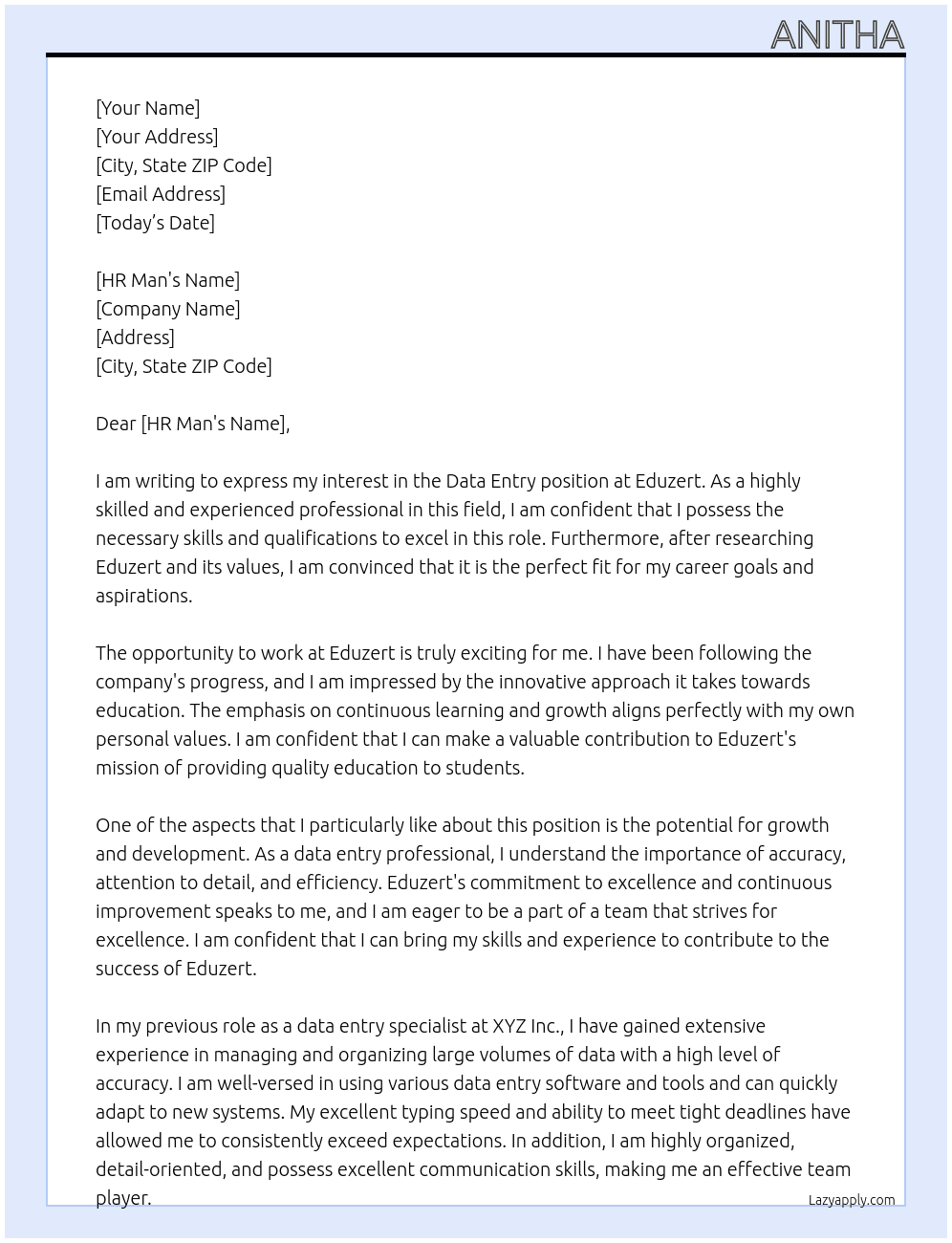 Data entry At Eduzert Cover Letter