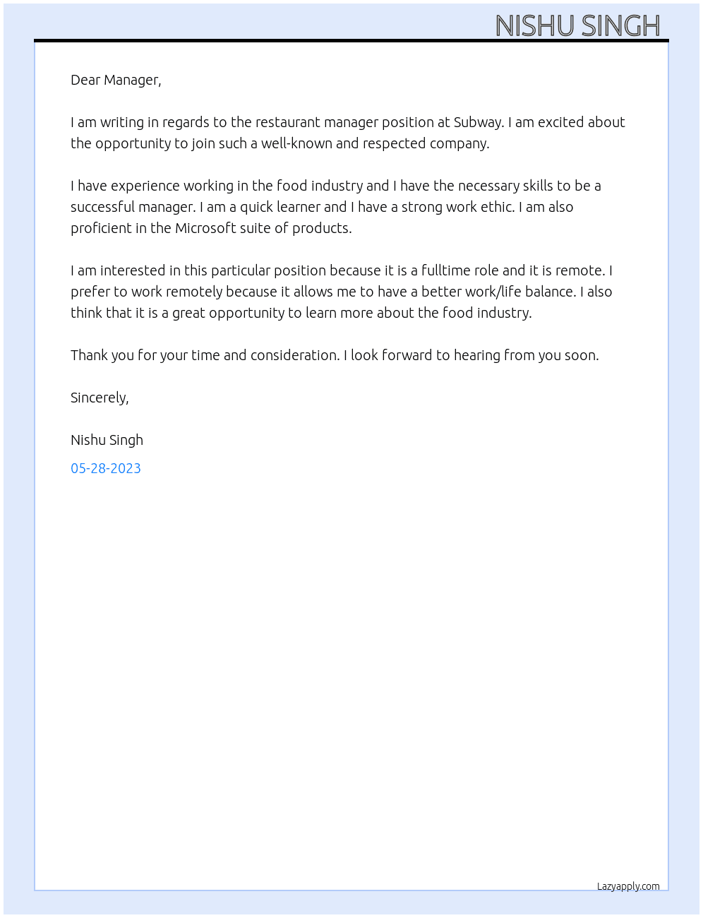 Restaurant manager  At Subway  Cover Letter