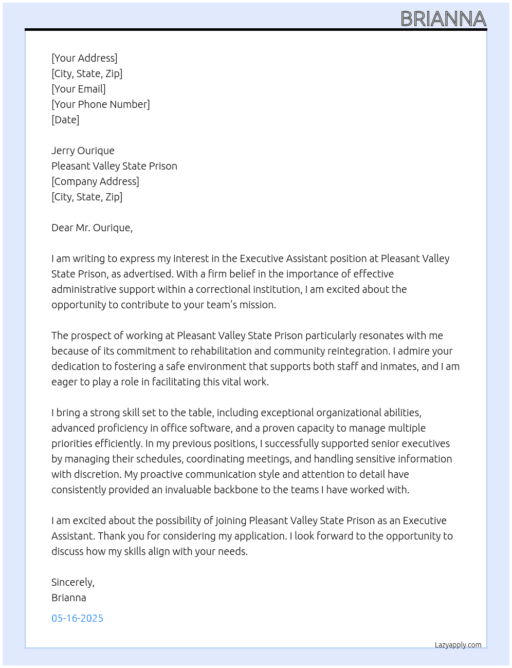 Executive Assistant At Pleasant Valley State Prison Cover Letter