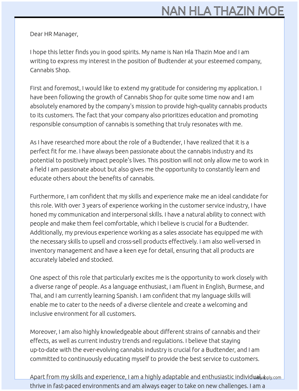 Budtender At Cannabis shop Cover Letter
