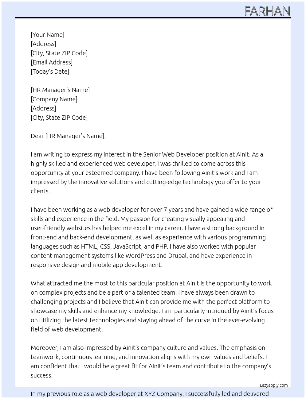 senir web developer At Ainit Cover Letter